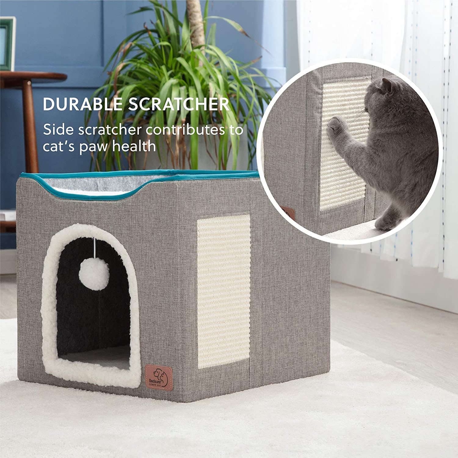 Cat Cave with Fluffy Ball Hanging and Scratch Pad (Foldable)