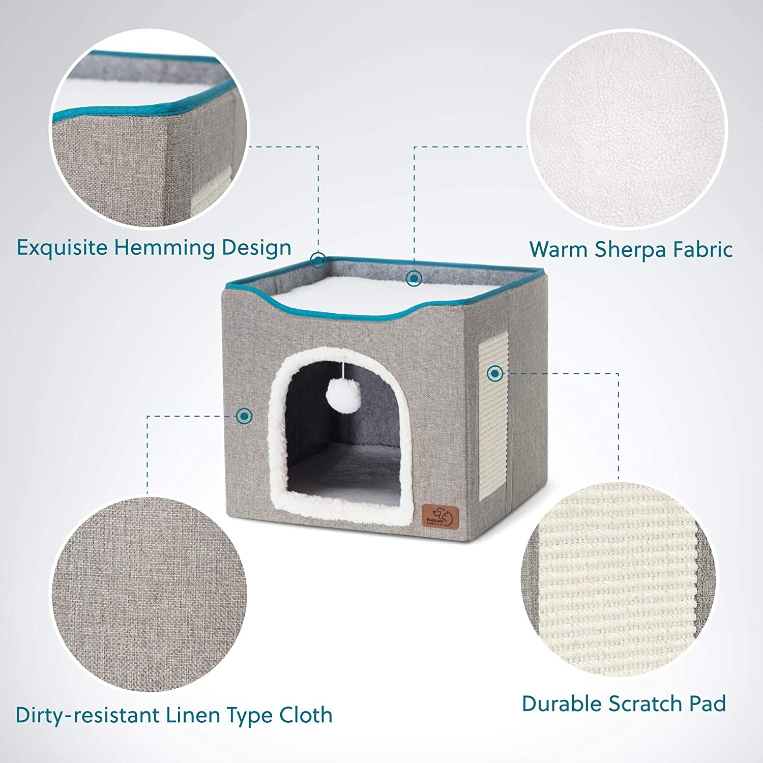 Cat Cave with Fluffy Ball Hanging and Scratch Pad (Foldable)