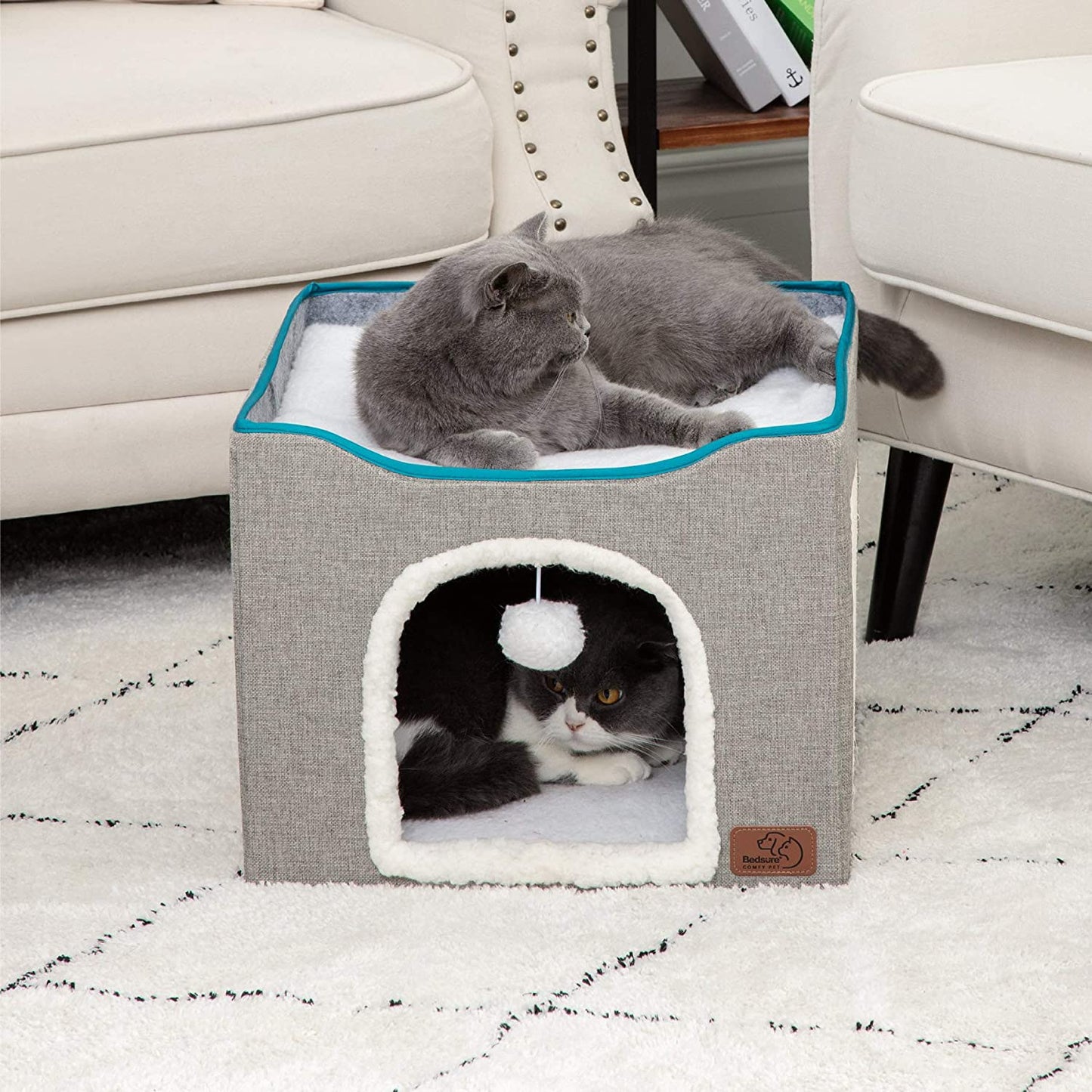 Cat Cave with Fluffy Ball Hanging and Scratch Pad (Foldable)