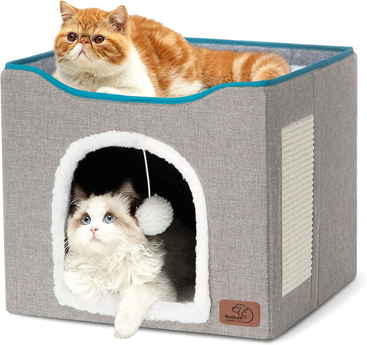 Cat Cave with Fluffy Ball Hanging and Scratch Pad (Foldable)