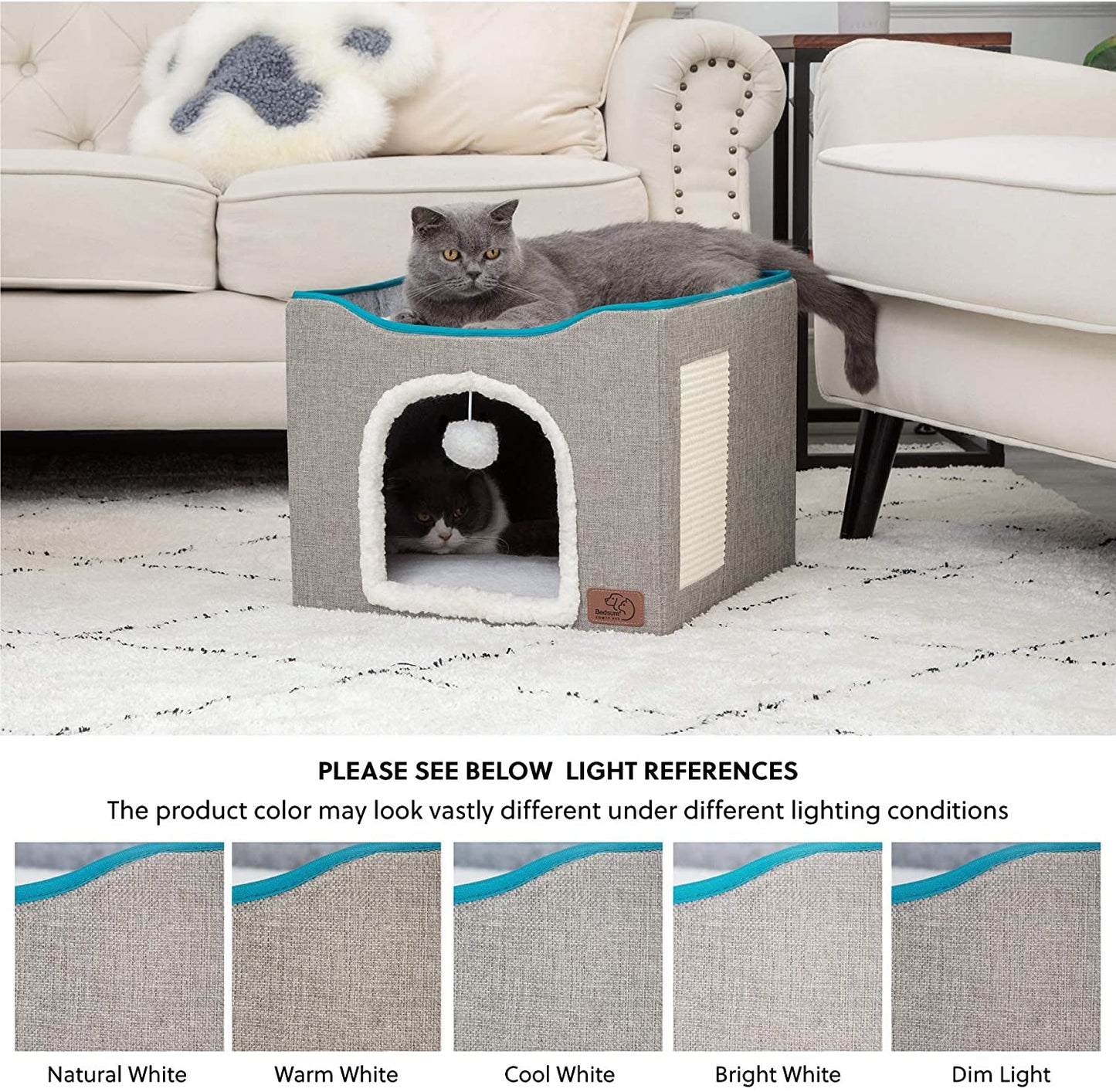 Cat Cave with Fluffy Ball Hanging and Scratch Pad (Foldable)